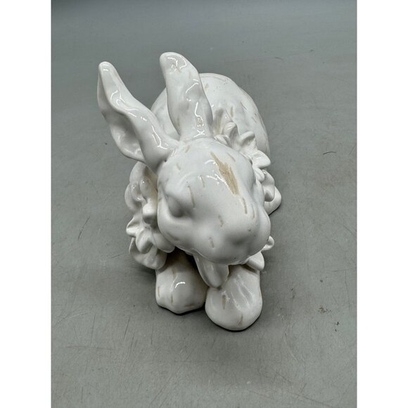 White Ceramic Bunny Figurine Floral Details Decorative Animal Ornament 7.5 READ - Picture 3 of 7